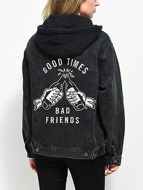 Lurking Class Sketchy Tank Good Times Bad Friends Distressed Hooded Denim Jacket